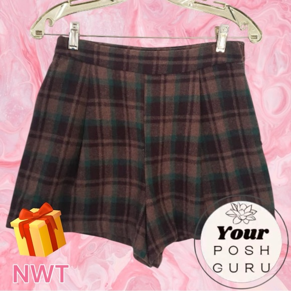 🎁NWT🎁WoolBlend Shorts by Lush Brown and Green Scottish Irish Plaid - Picture 1 of 5